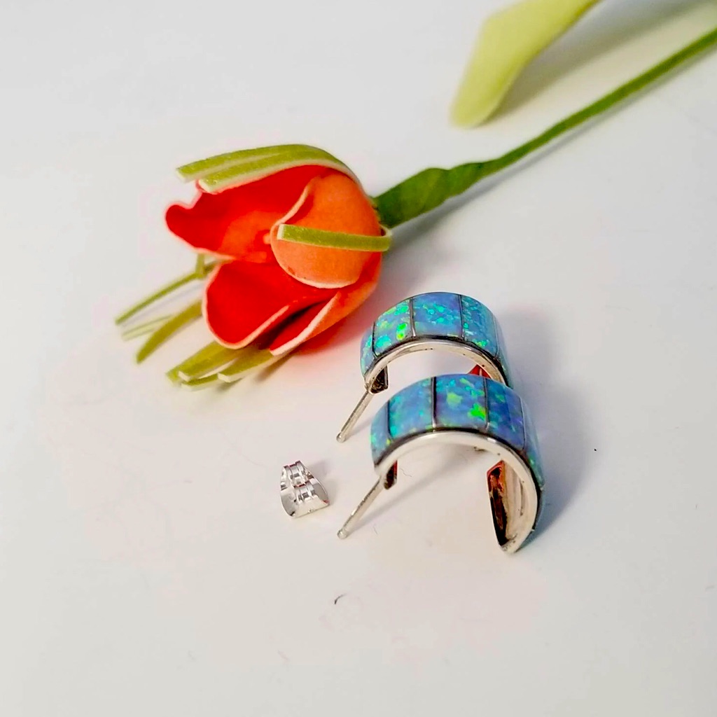 Vintage Sterling Silver Blue Opal Stud Earrings